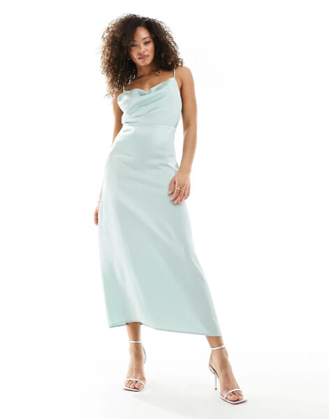 Vila Bridesmaid satin cowl neck maxi dress in light green