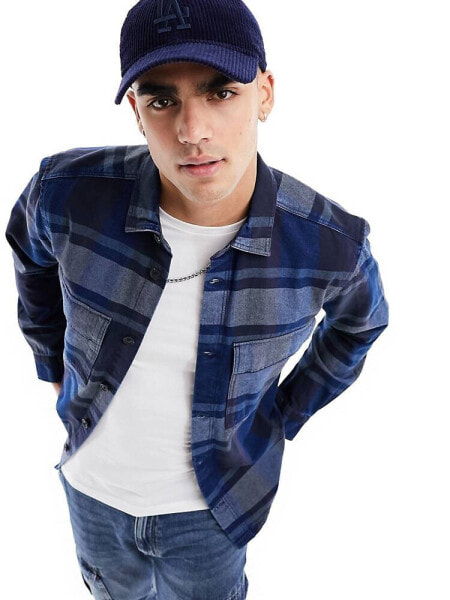 Only & Sons long sleeve chambray shirt in washed blue check