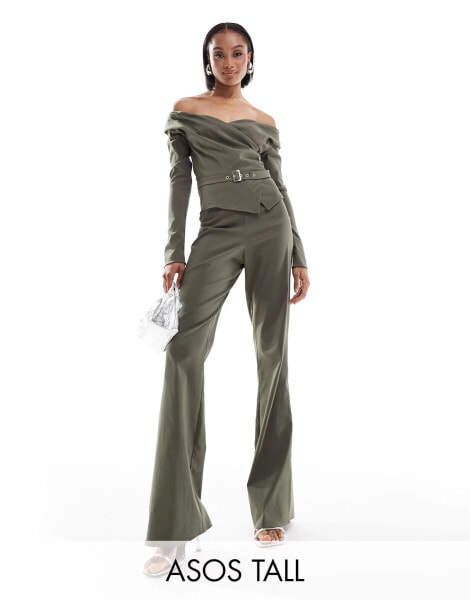 ASOS DESIGN Tall tailored bardot with belt jumpsuit in khaki