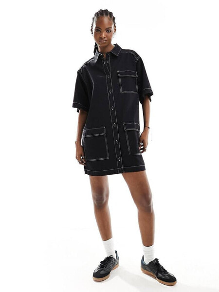 COLLUSION twill mini pocket shirt dress with contrast stitch detail in black