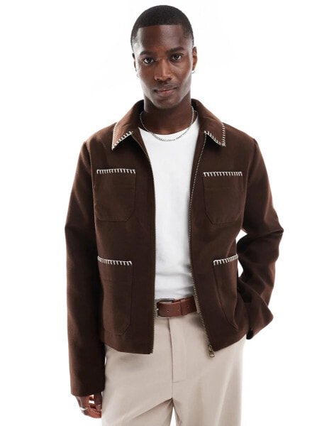 ASOS DESIGN wool look harrington jacket with blanket stitch in brown