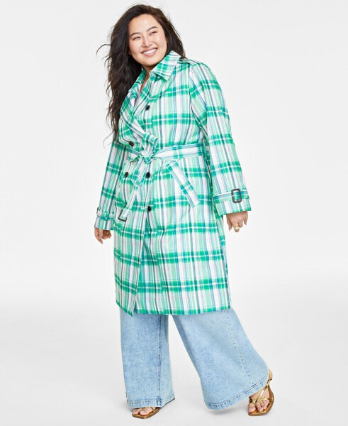 Plus Size Plaid Double-Breasted Trench Coat, Created for Macy's