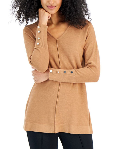 Women's Seamed-Front Button-Cuff V-Neck Sweater