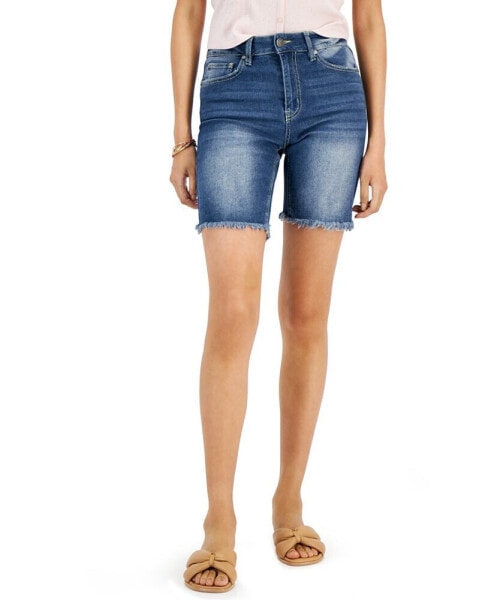 Juniors' Frayed High Rise Denim Bermuda Shorts