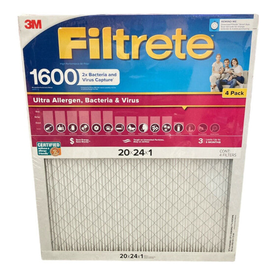 Filtrete Ultra Allergen 2X Bacteria & Virus Filter (1600 MPR), 20x24x1 (4 Pack)