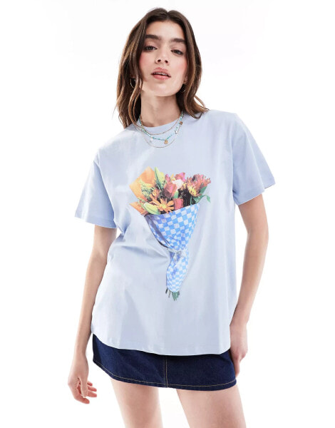 ASOS DESIGN oversized t-shirt with bouquet graphic in blue