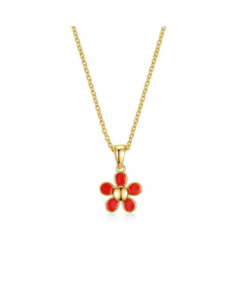 14k Yellow Gold Plated Red Enamel Blooming Flower Layering Necklace for Toddler/Kids