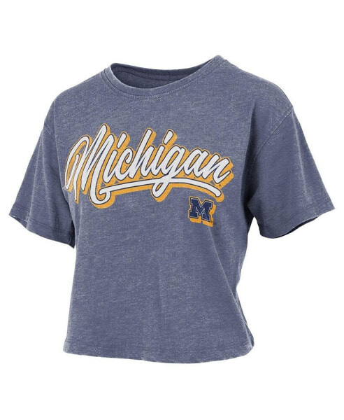 Women's Navy Distressed Michigan Wolverines Team Script Harlow Vintage-Like Waist Length T-shirt
