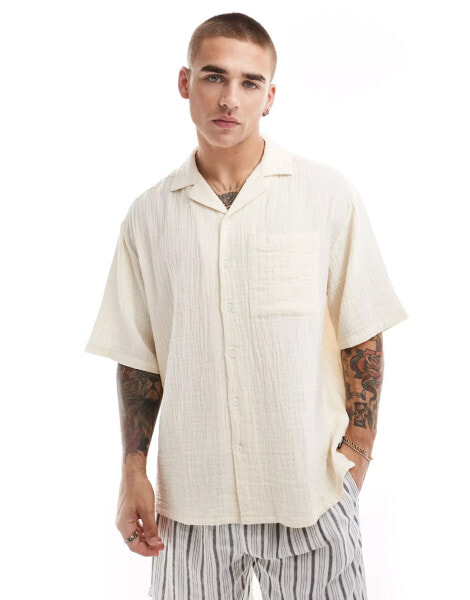 ONLY & SONS revere collar cheesecloth shirt in cream