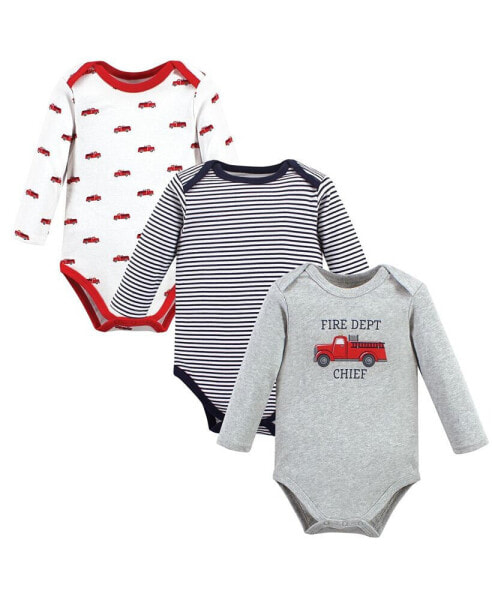 Baby Boys Cotton Long-Sleeve Bodysuits, Fire Truck, 3-Pack