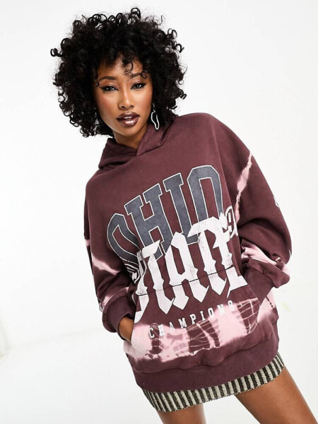 ASOS DESIGN oversized tie dye hoodie with ohio graphic in burgundy