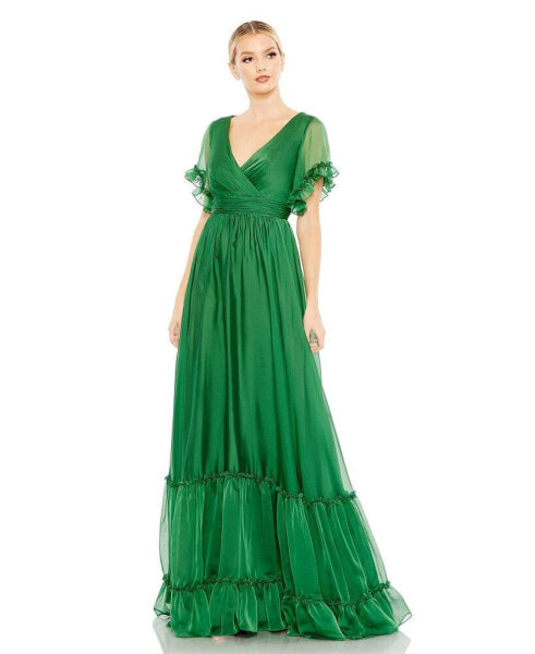 Women's Butterfly Ruffle Trimmed Sleeve Wrap Over Flowy Gown