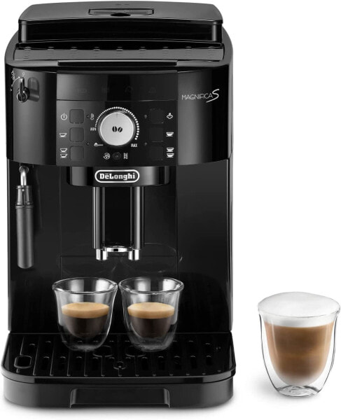 De'Longhi Magnifica S ECAM 22.110.B fully automatic coffee machine with milk frother for cappuccino, with espresso direct selection buttons and rotary control, 2-cup function, 1.8 liter water tank, black / silver