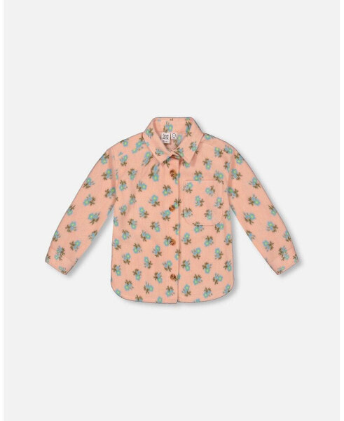 Girl Printed Polar Fleece Shirt Peach With Blue Flowers - Child