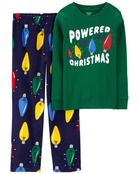 Kid 2-Piece Christmas Lights Cotton & Velboa Pajamas 7