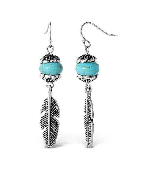 Womens Turquoise Bead Feather Drop Earrings - Oxidized Gold-Tone or Silver-Tone Turquoise Earrings