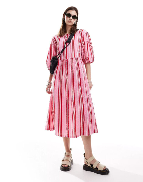 Monki seersucker smock midi dress in multi colour stripe