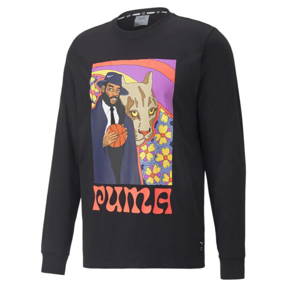 Puma Run It Back Graphic Crew Neck Long Sleeve T-Shirt Mens Black Casual Tops 53