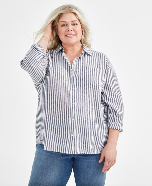 Plus Size Linen-Blend Striped Perfect Shirt, Created for Macy's