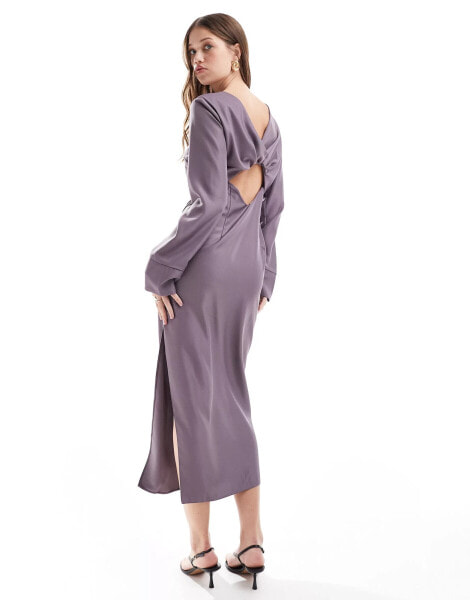 ASOS DESIGN long sleeve gathered waist midi with twist back detail in deep mauve