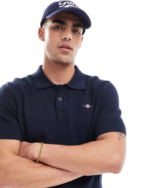 GANT shield logo embroid structured cotton knit polo in navy