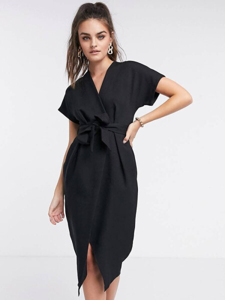 Closet London wrap tie midi dress in black