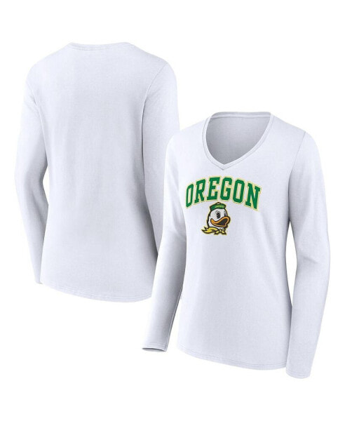 Women's White Oregon Ducks Evergreen Campus Long Sleeve V-Neck T-shirt