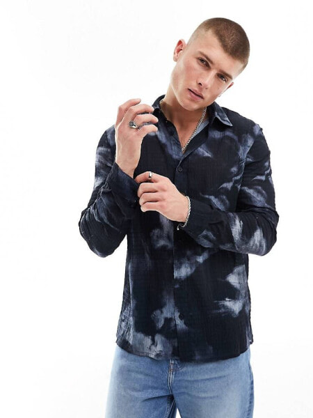 River Island long sleeve shirt in navy inky print