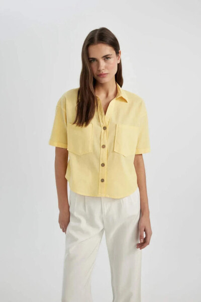 Oversize Fit Gömlek Yaka Keten Karışımlı Kısa Kollu Bluz C6193ax24sm