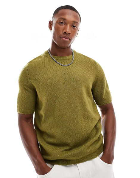 ASOS DESIGN lightweight brushed knitted t-shirt in khaki