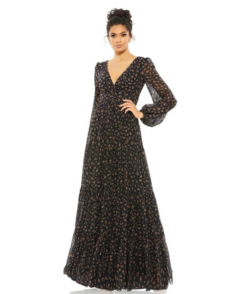 Women's Ieena Button V Neck Bodice Illusion Sleeve Tiered Gown