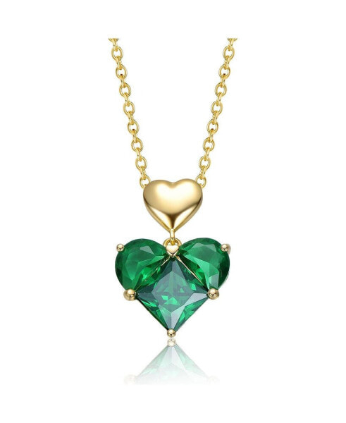 Sterling Silver 14k Gold Plated Green Cubic Zirconia Double Heart Pendant Necklace