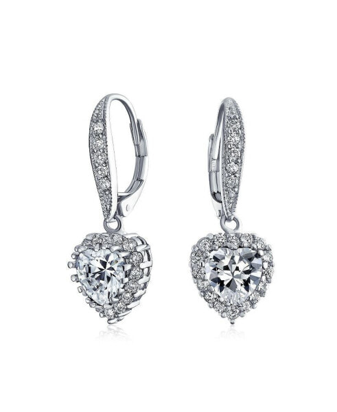 Bridal Anniversary Wedding Romantic 4CT AAA CZ Halo Heart Shaped Cubic Zirconia Dangle Lever back Earrings Girlfriend Invisible Cut Rhodium Plated