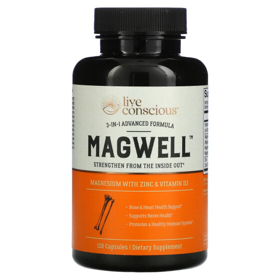 Магнезий Витамины и минералы LIVE CONSCIOUS MagWell, 3-in-1 Advanced Formula, 120 капсул