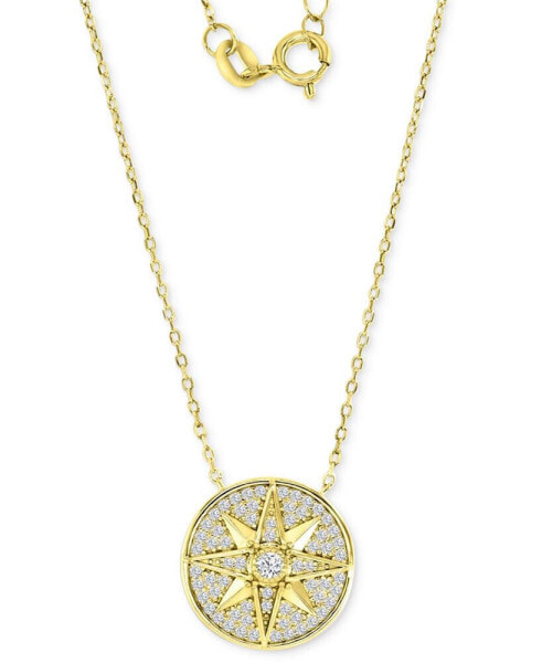 Cubic Zirconia Pavé Compass Disc Pendant Necklace in 14k Gold-Plated Sterling Silver, 16" + 2" extender