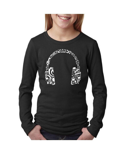 Big Girl's Word Art Long Sleeve T-Shirt - Music Note Headphones