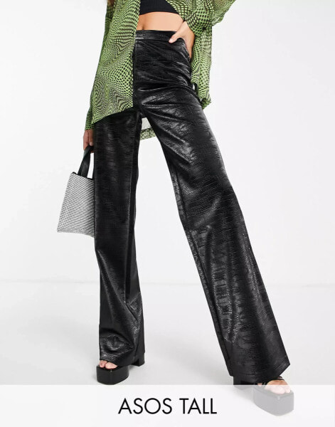 ASOS DESIGN Tall straight leg trouser in iridescent croc faux leather in black