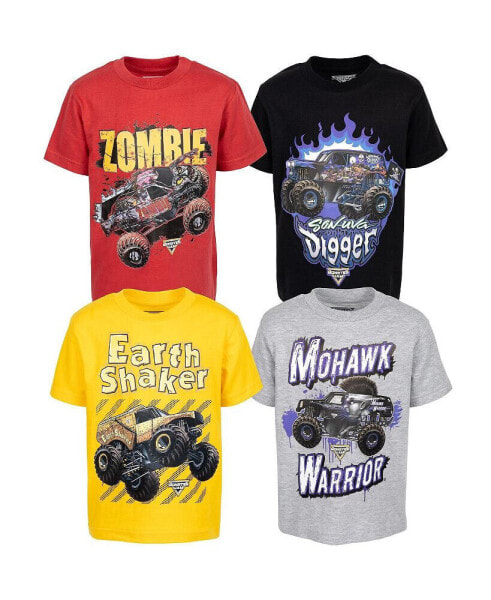 Toddler Boys Earth Shaker Zombie Grave Digger 4 Pack Graphic T-Shirts Red/Black/Yellow/Gray