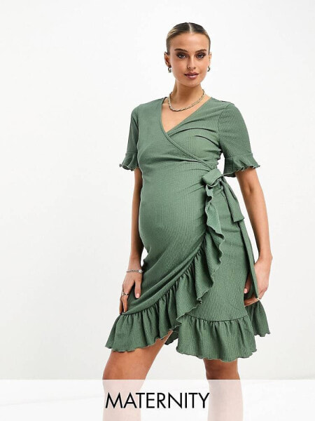 Vero Moda Maternity frill wrap front mini dress in khaki