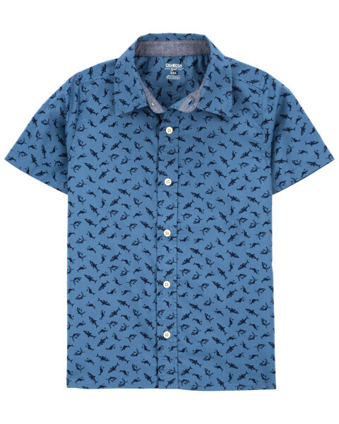 Kid Shark Print Button-Front Short Sleeve Shirt 14