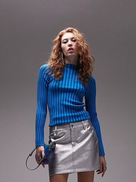 Topshop knitted funnel neck stripe long sleeve top in blue