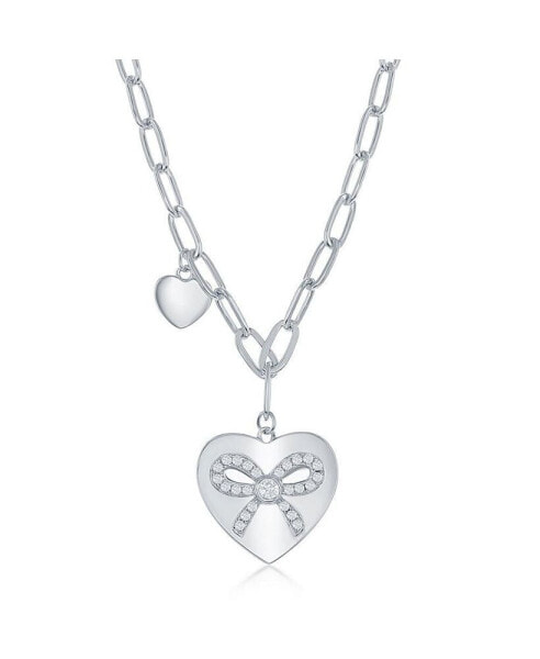 Sterling Silver or Gold Plated Over Sterling Silver Heart with CZ Ribbon Paperclip Necklace