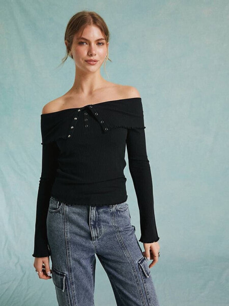 Miss Selfridge folded bardot top with poppers in black