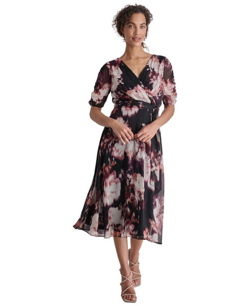 Petite Printed Ruched-Sleeve Tie-Waist Fit & Flare Dress