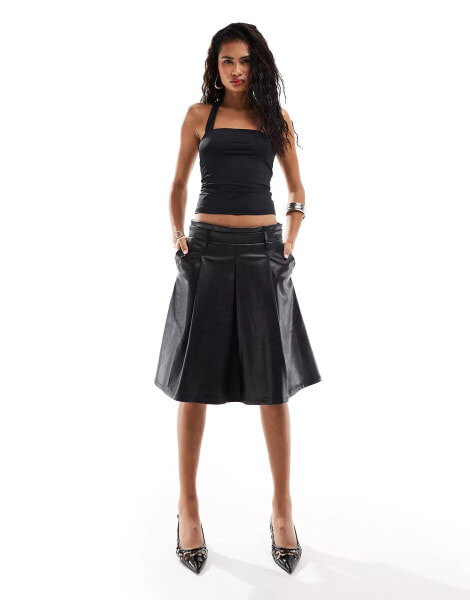 Lioness leather look low rise pleated midi skirt in black