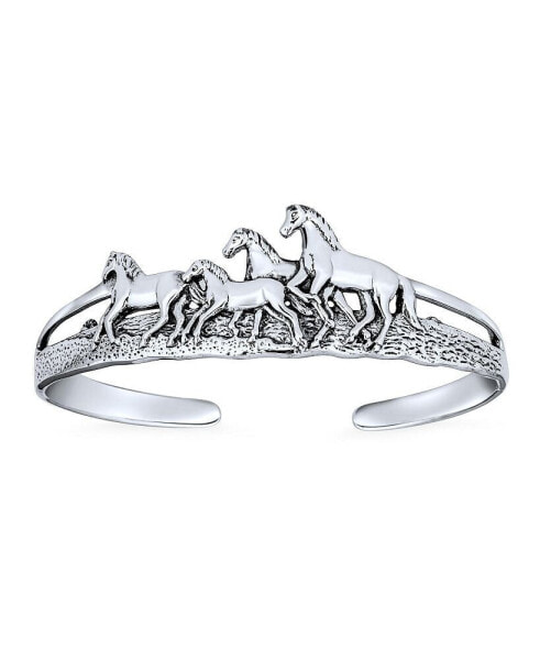 Unisex Heavy Solid Statement Wild Western Running Horses Equestrian Cuff Bracelet Men Antiqued Oxidized Sterling Silver Finish Fine Jewelry Adjustable