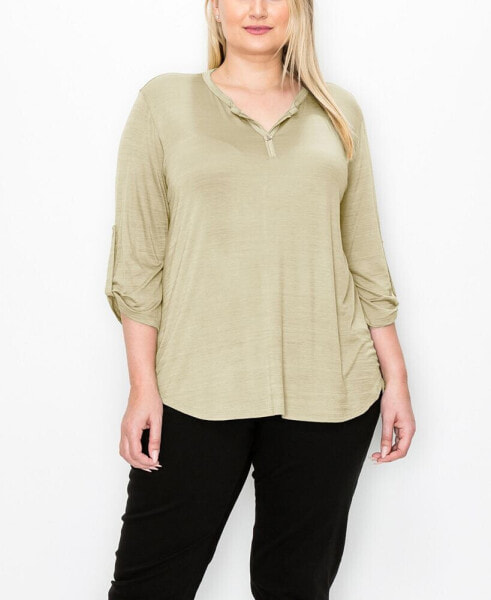 Plus Size 1 Button Henley Rolled Tab 3/4 Sleeve Top
