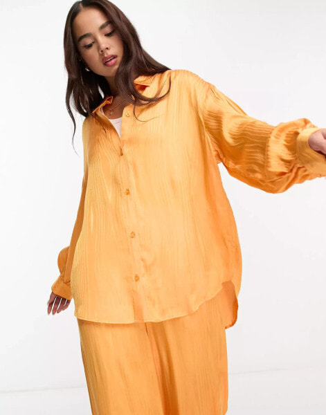 Monki co-ord jacquard satin long sleeve blouse with volume sleeves in orange