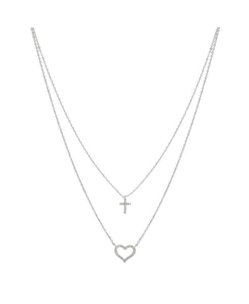 Fine Silver Plated Cubic Zirconia Cross and Heart Layered Pendant Necklace