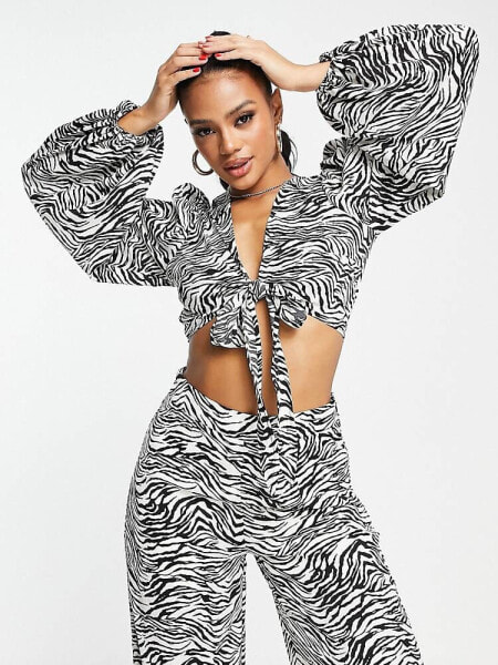 In The Style x Yasmin Devonport exclusive tie front cropped shirt  co-ord in zebra print